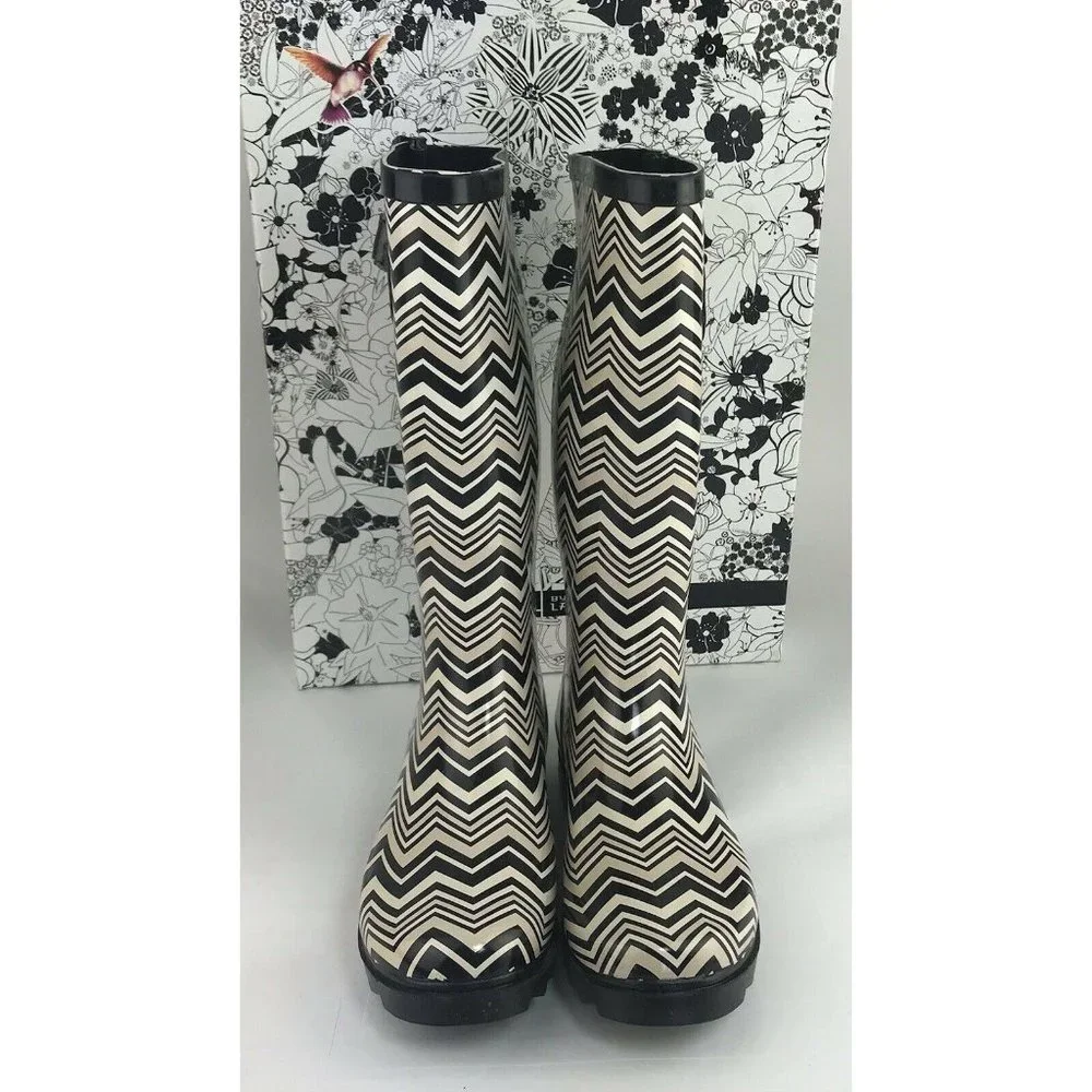 CL By‎ Laundry Chevron Rain Boots Black Beige Size